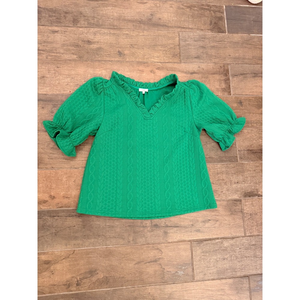 Voy Green Cable Knit Textured Ruffle V-Neck Puff Sleeve Blouse Top
